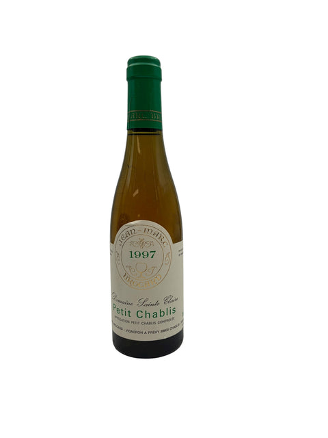 Bouteille de Petit Chablis Jean-Marc Brocard 1997 avec capsule verte et étiquette transparente