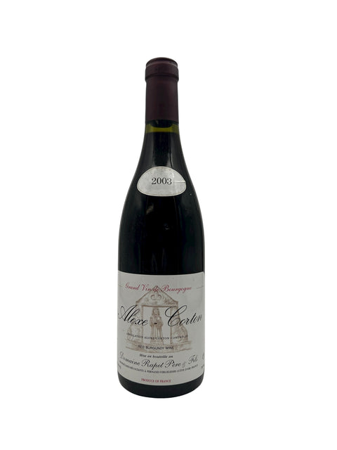 Bouteille de vin rouge Aloxe Corton Domaine Rapet de 2003 avec étiquette