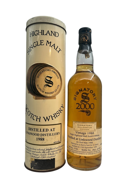 Bouteille et boîte de whisky Linkwood Signatory 1988