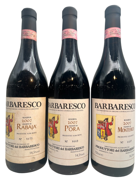 Trois bouteilles de vin Barbaresco de Produttori del Barbaresco millésime 2007