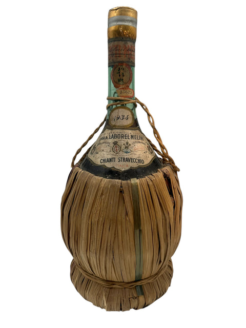 Pied de bouteille vintage Chianti Stravecchio noué en paille de Melini 1934